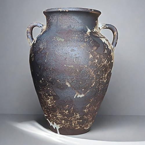 Black Pottery Vase - 10" Rustic Farmhouse vase, Vintage Weathered Terracotta Vases, Handmade Clay... | Amazon (US)