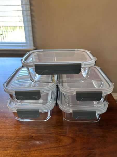5pc glass food storage containers with locking lids. 2 compartments in each. Airtight and Leakproof. Stackable design. Microwave, oven (without lids) and dishwasher safe. 

#LTKhome