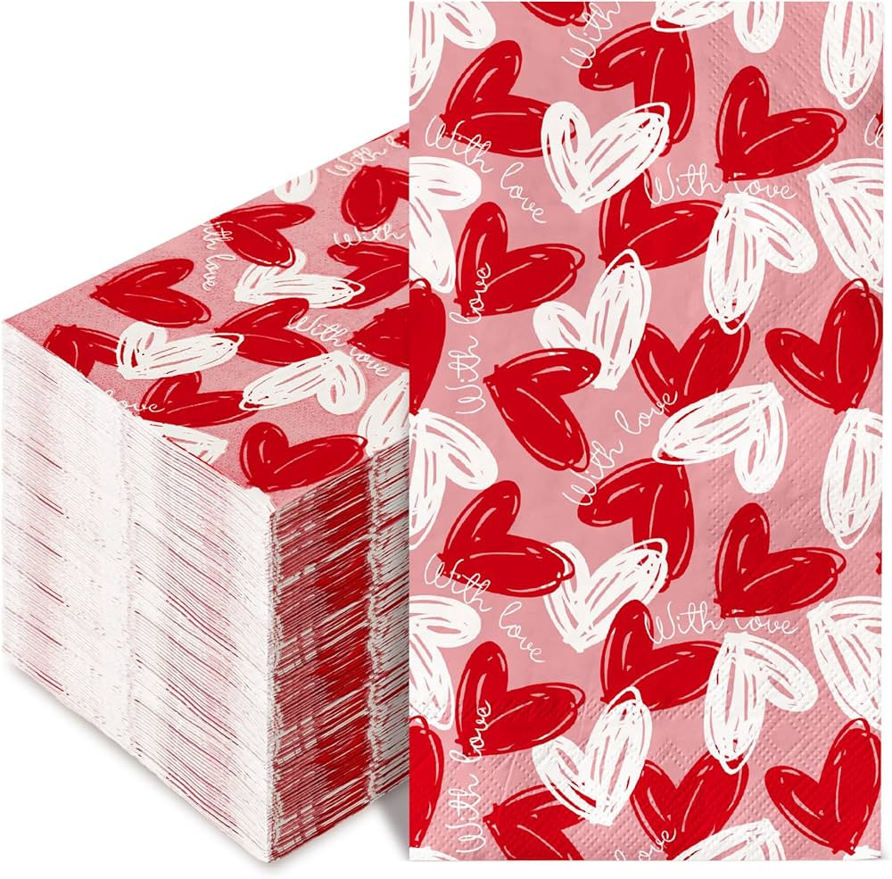 AnyDesign 100Pack Valentine's Day Guest Napkins Red Heart Hand Napkin 3 Ply Love Hearts Disposabl... | Amazon (US)