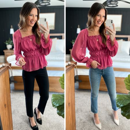 The cutest top from @gibsonlook! Code BECCA10 for 10% off. 

Top - sized down to a xs 
Black pants - size 2 
Jeans - 26