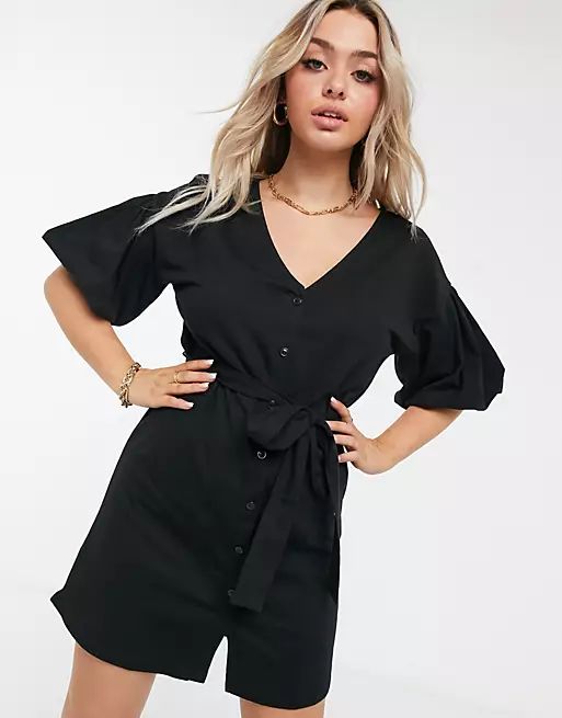 ASOS DESIGN mini dress with bubble sleeve and tie belt in black | ASOS (Global)