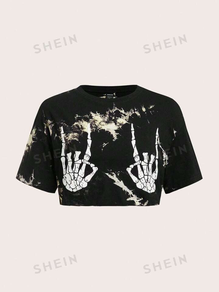 SHEIN EZwear Tie Dye Skeleton Hand Print Drop Shoulder Crop Tee | SHEIN USA | SHEIN
