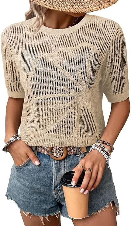 Dokotoo Womens Summer Short Sleeve Crochet Tops Hollow Out Floral Sweaters Beach Vacation Cruise ... | Amazon (US)