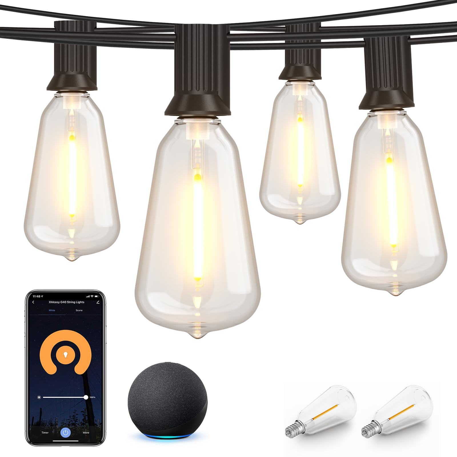 XMCOSY+ Outdoor String Lights, Smart Patio Lights 50Ft with 20 ST38 Edison Bulbs, APP WiFi Control,  | Amazon (US)
