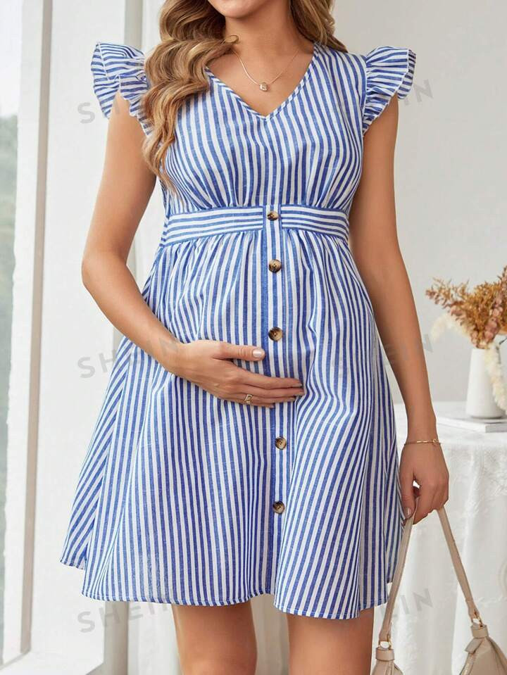 SHEIN Vestido Curto Solto De Maternidade Com Decote Em V E Mangas Com Babados, Adequado Para O Ve... | SHEIN