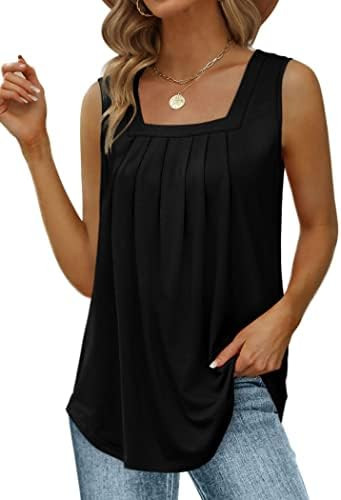 Saloogoe Summer Tank Tops for Women Loose Fit Pleated Square Neck Sleeveless Tops Curved Hem Flow... | Amazon (US)