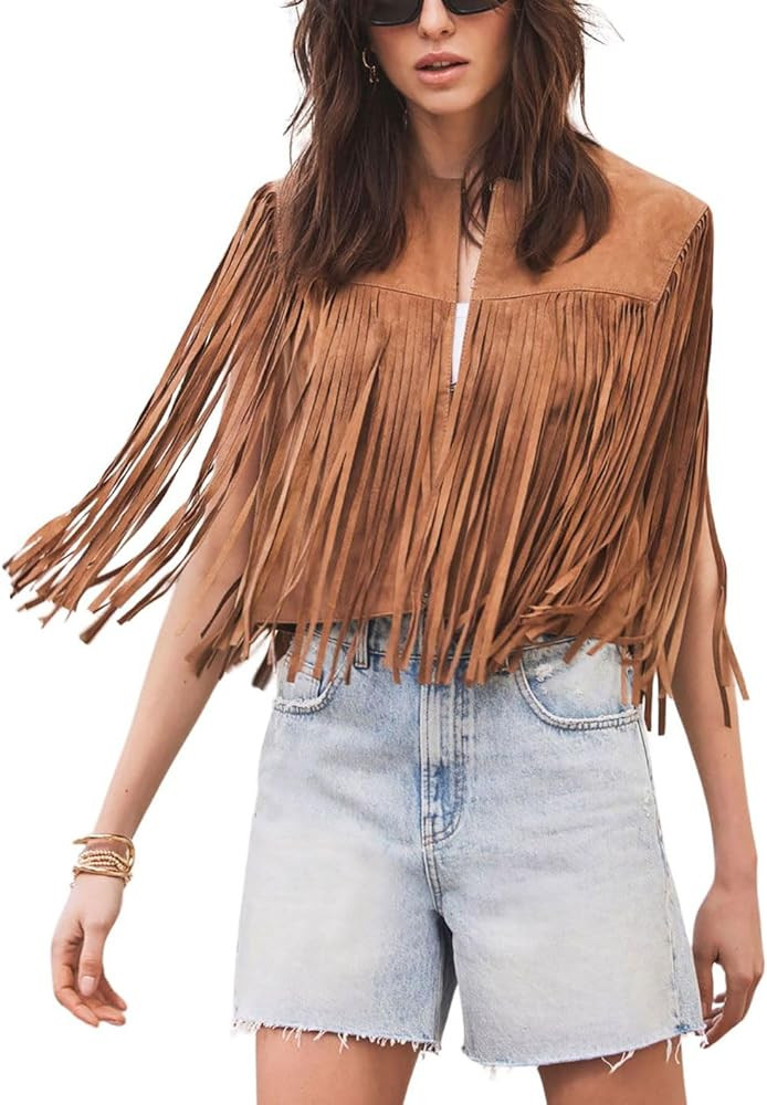 chouyatou Women's Fashion Fringe Tassels Faux Suede Leather Sleeveless Cropped Vest Jacket Tops | Amazon (US)