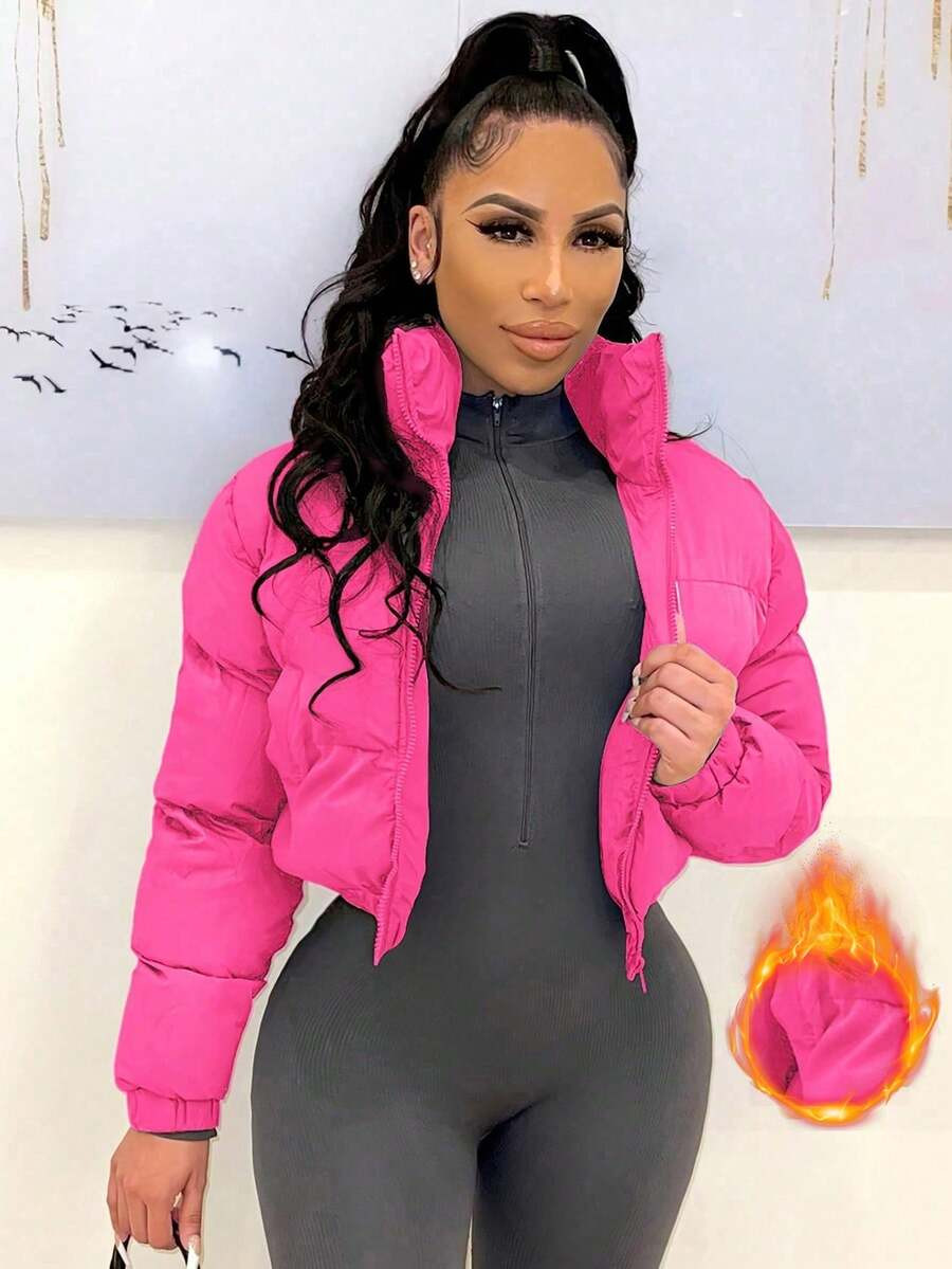 Women European & American Style Short Stand Collar Zipper Front Warm Jacket | SHEIN