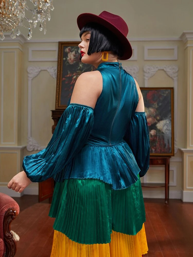 SHEIN X KASHMIR Plus Cold Shoulder Lantern Sleeve Satin Top | SHEIN