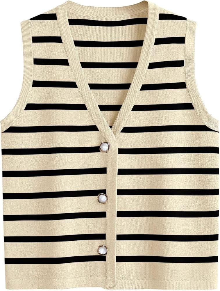 Bgylu Striped Sweater Vest Women Summer Sleeveless V Neck Button Up Knit Vests Tank Tops | Amazon (US)