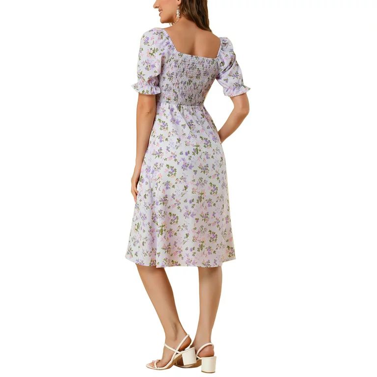 Allegra K Women's Smocked Floral Square Neck Short Puff Sleeve Summer Midi Dress | Walmart (US)