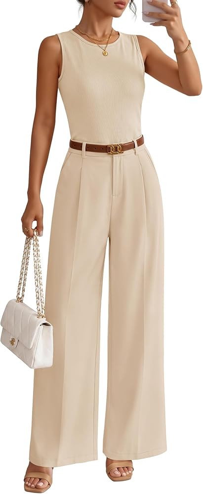 ZESICA Women's Summer 2 Piece Outfits Knit Tops Suit Pants Matching Lounge Vacation Set Dressy Bu... | Amazon (US)