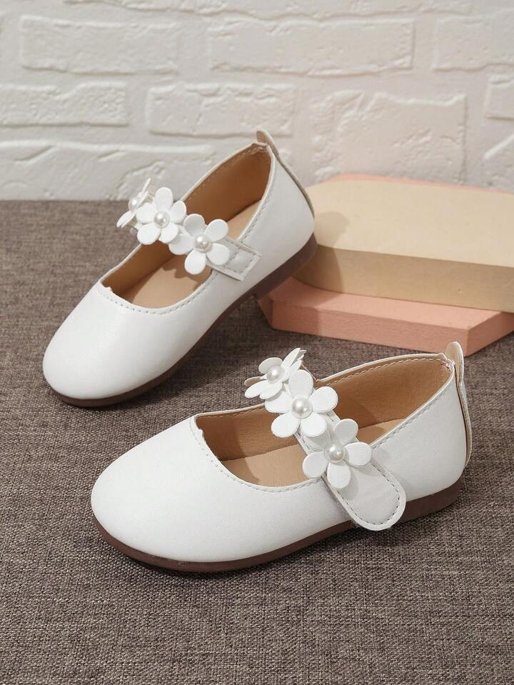 Girls' Pearl & Flower Decor Flat Shoes With Hook And Loop Closure For Wedding And Outdoor Wearing | SHEIN