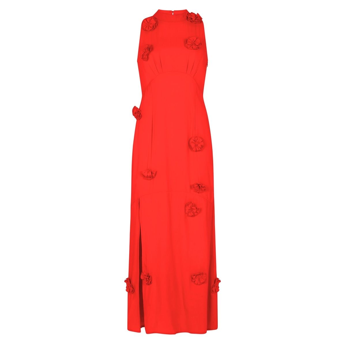 The Keely High Neck Rosette Maxi Dress With Thigh Split And Keyhole Back | Wolf & Badger (US)