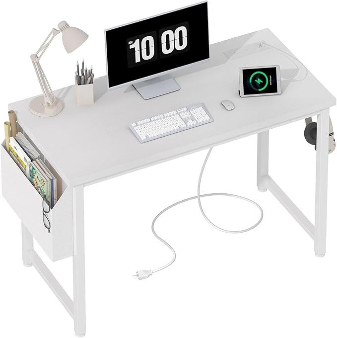 Lufeiya 39 inch White Computer Desk with Power Outlet, 40 inch Teen Study Table Home Office Work ... | Amazon (US)