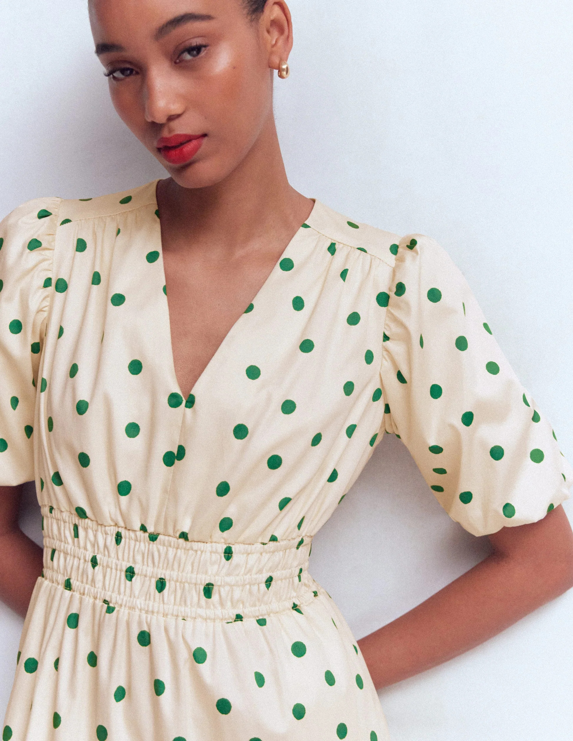 Irene Puff Sleeve Cotton Dress-Ivory Green Spot | Boden (US)