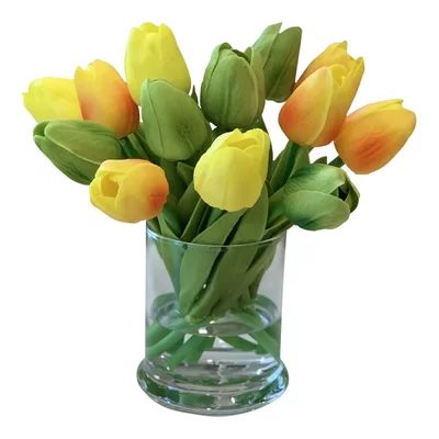 Real Touch Tulip Floral Arrangements in Glass Vase Latitude Run® Flower Color: Green/Yellow | Wayfair North America