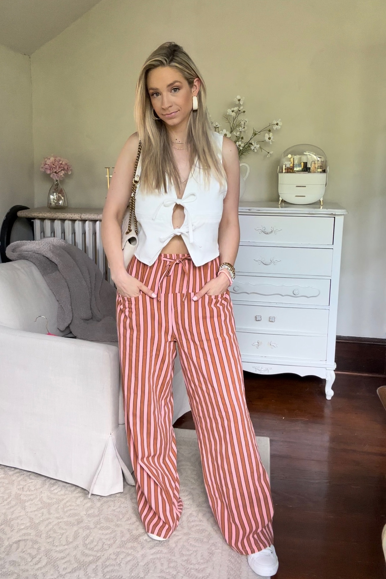 Free people inspired pants from amazon, size medium 
Tie front denim top is amazon too, size medium 

Free people lookalike 
Amazon finds 
Amazon fashion 