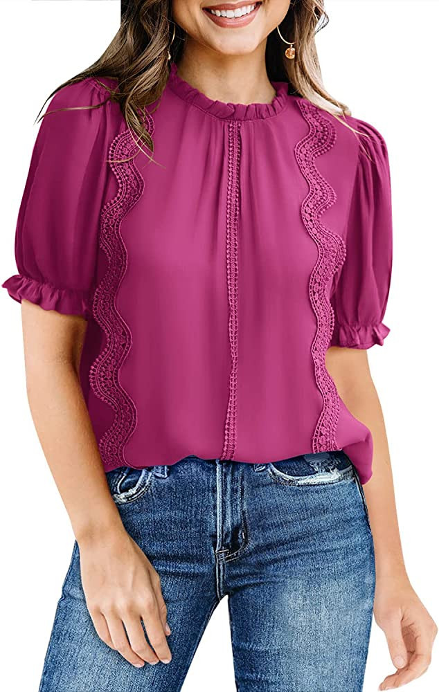 DOROSE Womens Summer Tops Lace Casual Short Sleeve Shirts Puff Ruffle Mock Neck Blouses | Amazon (US)