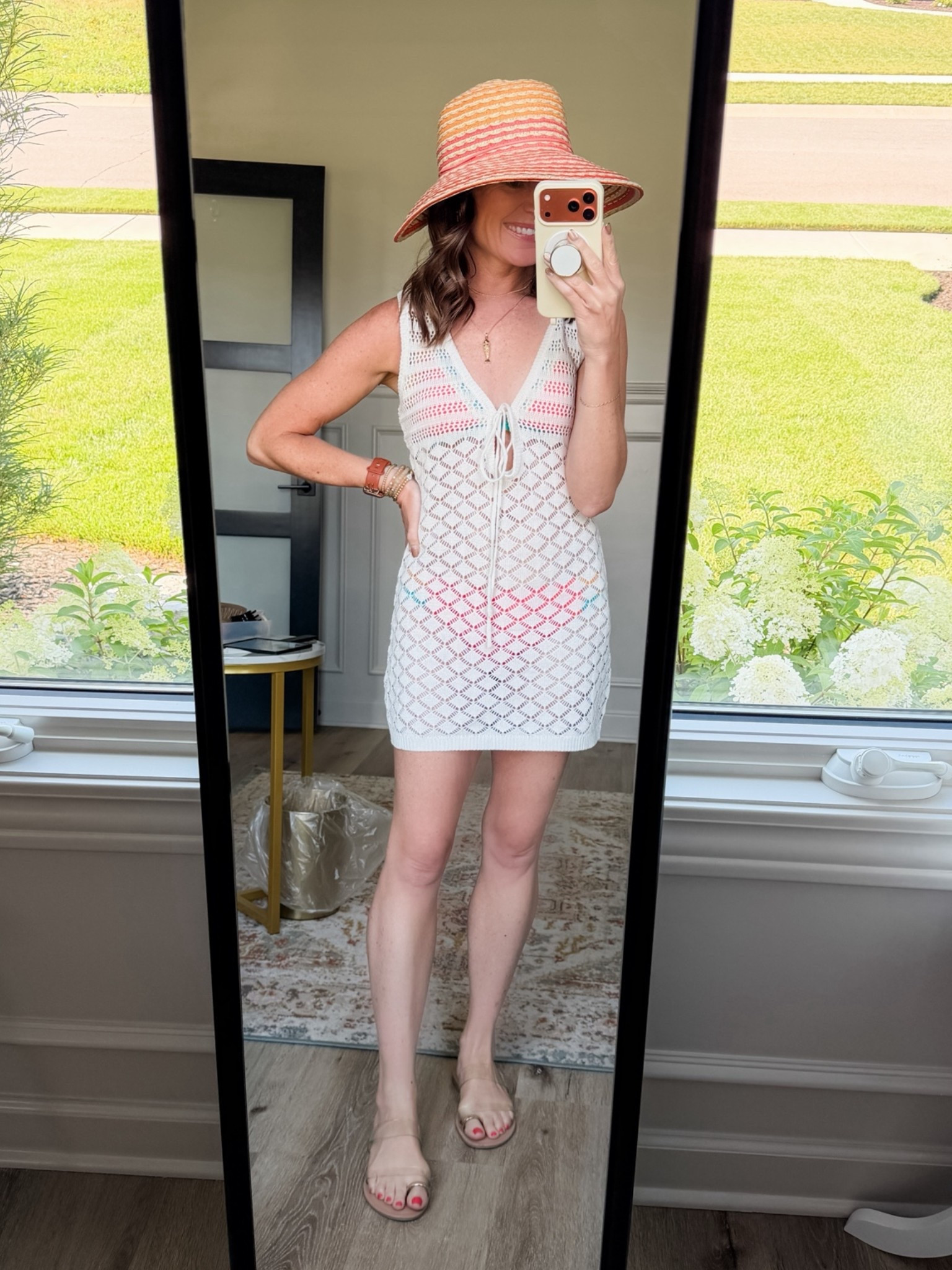 Cover up size extra small. Swimsuit size small. Hat: linked similar styles.