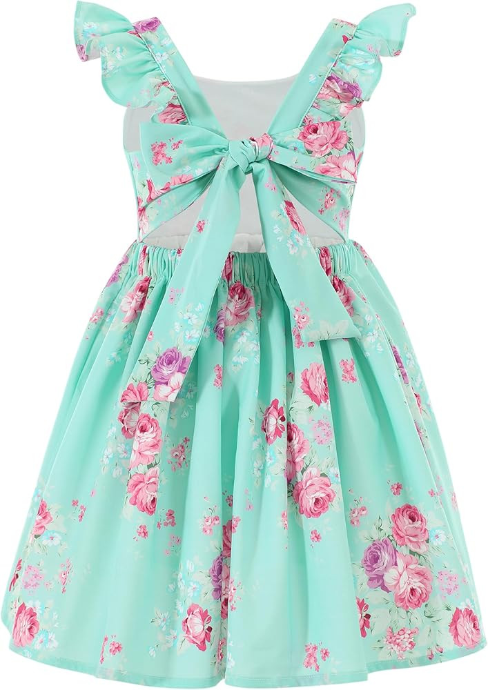 Flofallzique Floral Girls' Dress Summer Ruffle Sleeve Tie Back Casual Boho Sundress for Birtrhday... | Amazon (US)
