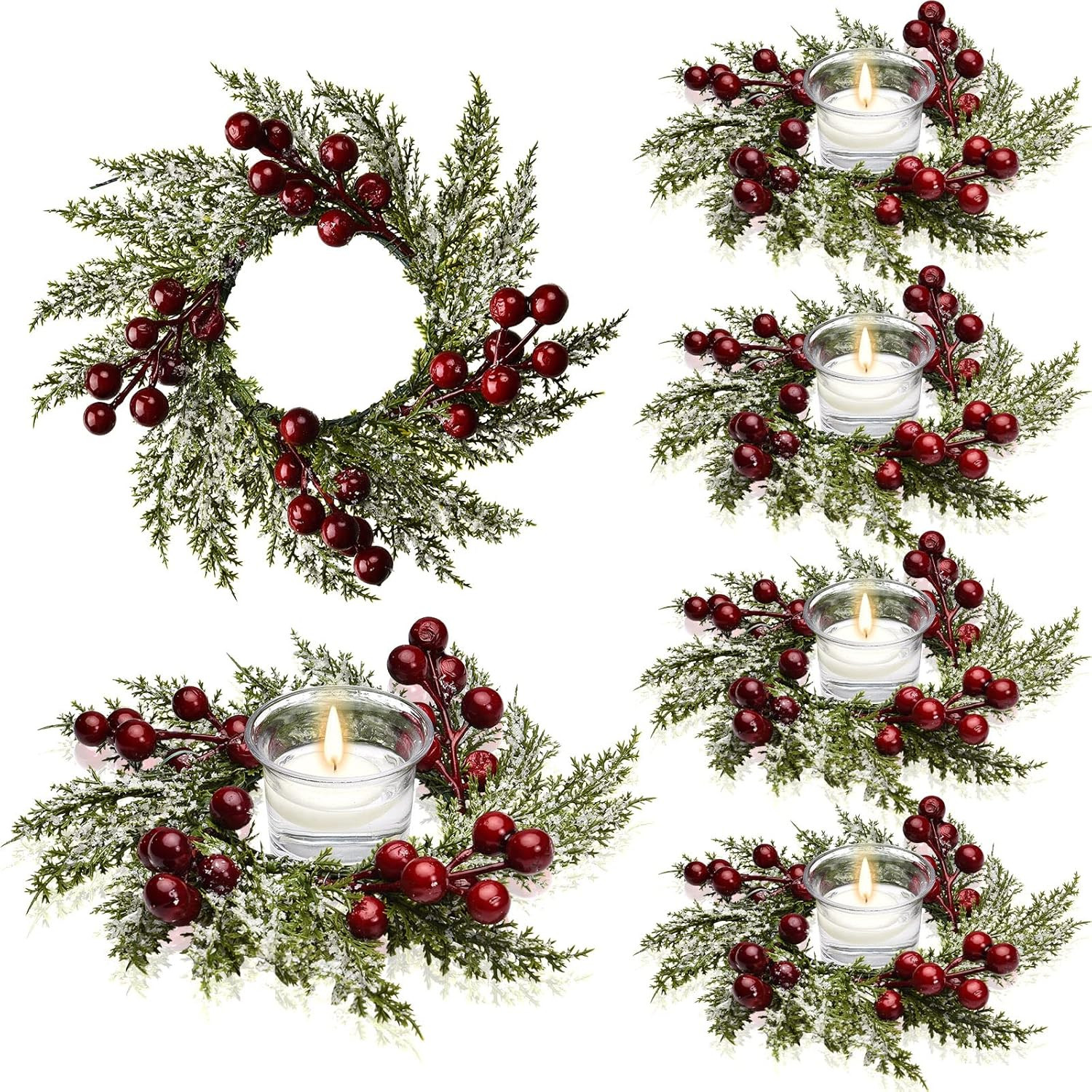 Christmas Candle Rings Artificial Red Berries and Pinecones Candle Rings Wreaths Decor Candle Rin... | Amazon (US)