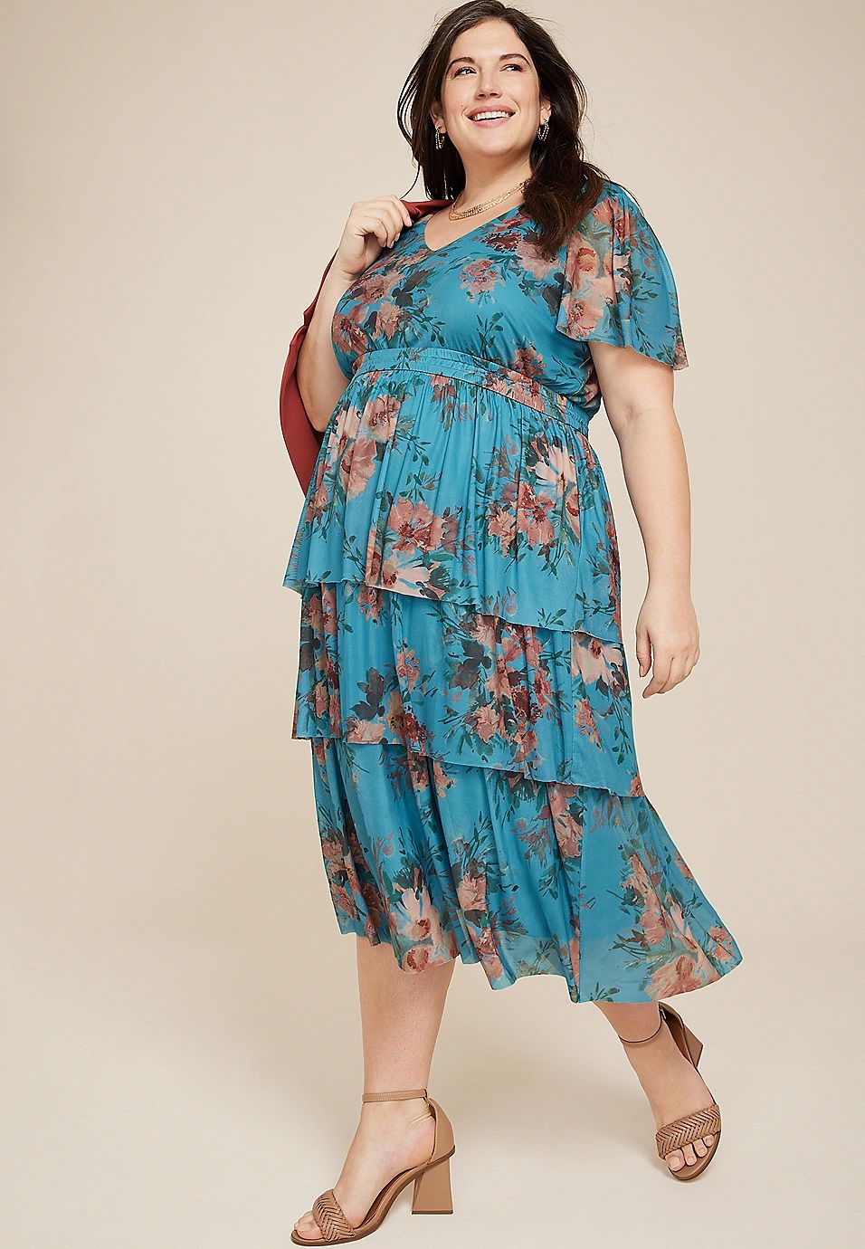 Plus Size Floral Flutter Sleeve Tiered Midi Dress | Maurices
