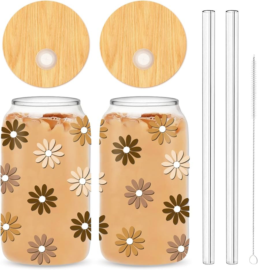 Whaline 2 Pack Boho Daisy Drinking Glasses 16oz Daisy Flower Glasses Cup with Bamboo Lids Glass Stra | Amazon (US)