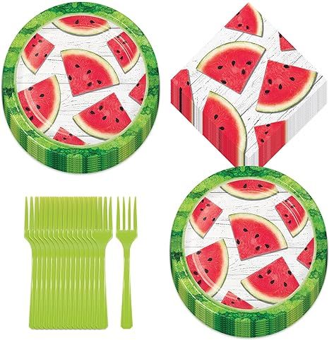 Watermelon Party Summer Red Melon Slice Paper Dessert Plates, Beverage Napkins, and Forks (16 Pla... | Amazon (US)