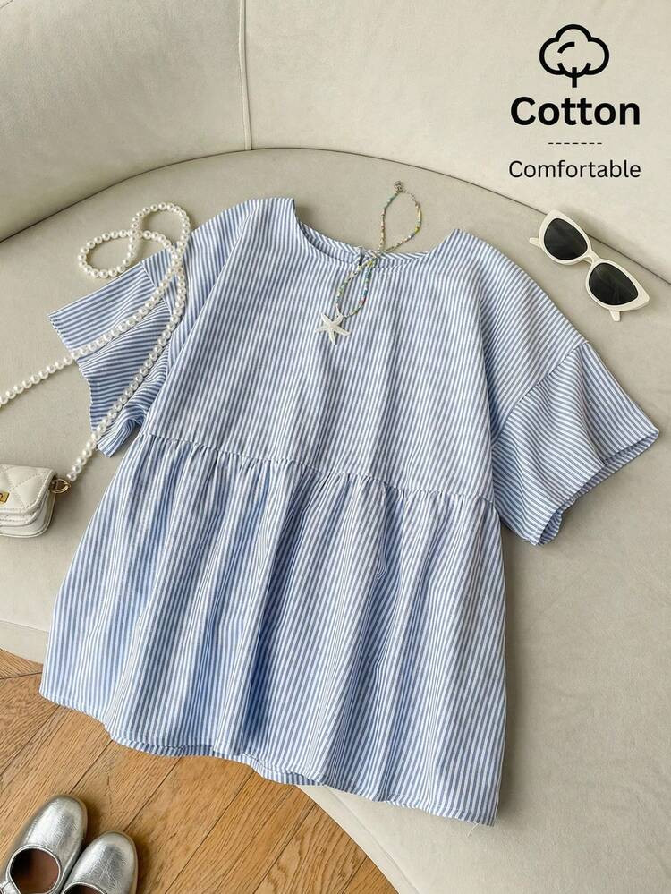 SHEIN EZwear Summer Women's Blue Striped Woven Casual Short Sleeve Shirt Cotton Top Summer Tops Cotton Cute Casual Tops Cotton Blouse | SHEIN