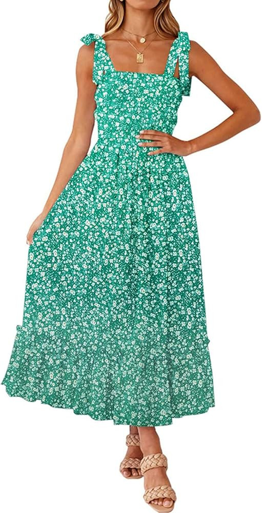 Tobrief Women's Boho Dress Summer Spaghetti Strap Square Neck Flowy Ruffle Beach Long Maxi Dress | Amazon (US)