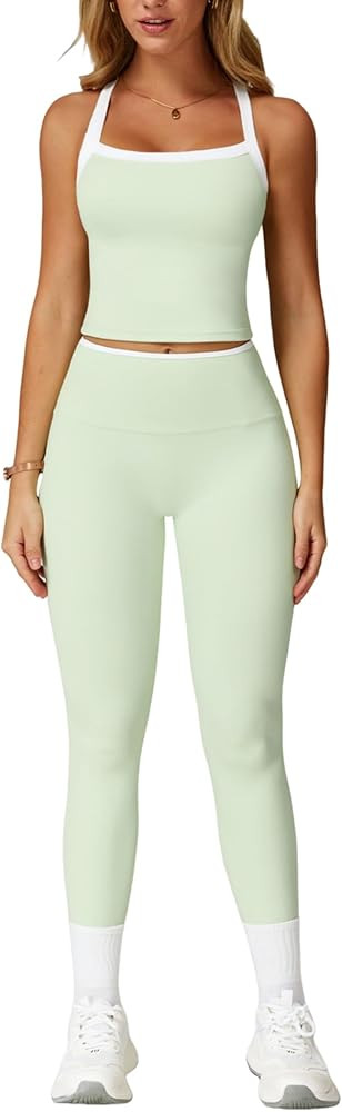 Womens Workout Sets Two Piece Cross Back Tank Top Matching High Waist Leggings Sets Gym Outfits W... | Amazon (US)
