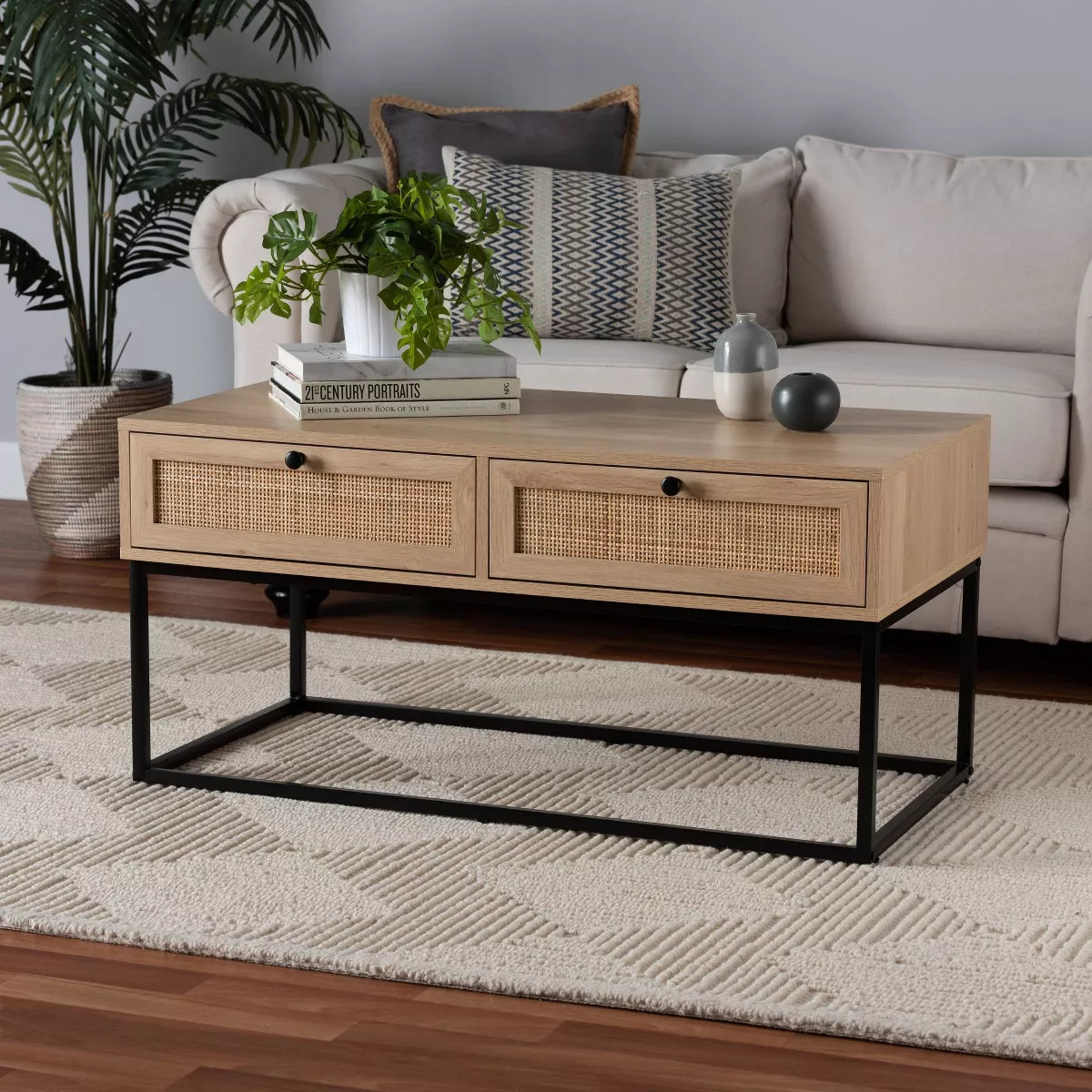Amelia Wood Rattan 2 Drawer Coffee Table Natural Brown/Black - Baxton Studio | Target