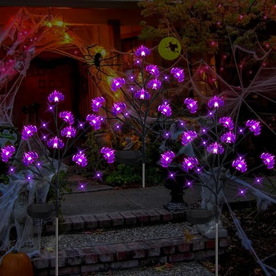 2 Packs 40LEDs Solar Halloween Bat Stake Lights, 2 Modes Purple Halloween Bat Lights for Outdoor ... | Amazon (US)