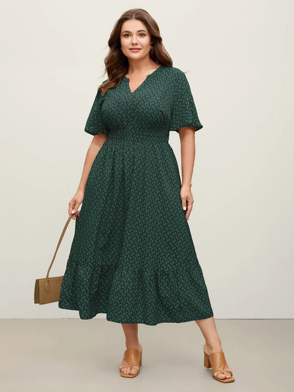 Geometric Print Waist-Cinched Tiered Midi Dress | Bloomchic