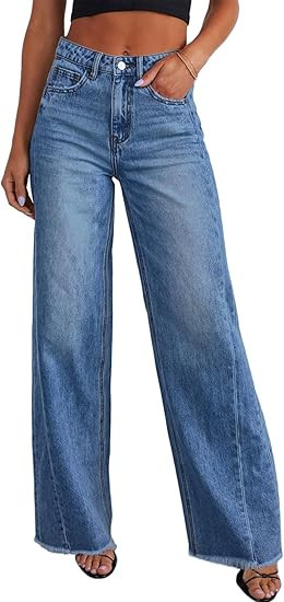 Sidefeel Women's Wide Leg Jeans High Waisted Strechy Raw Hem Zimbaplatinum Denim Pants | Amazon (US)
