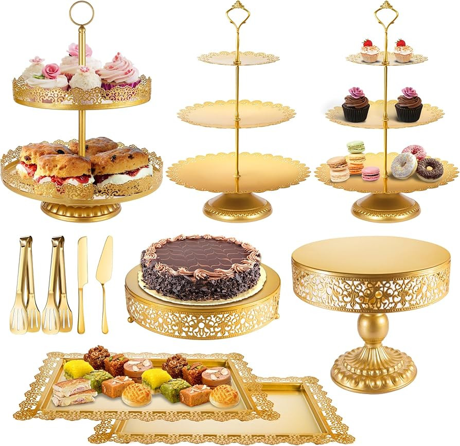 Gold Cake Stand Metal Dessert Table Display Set Tiered Cupcake Holder Fruit Candy Donut Plate Ser... | Amazon (US)