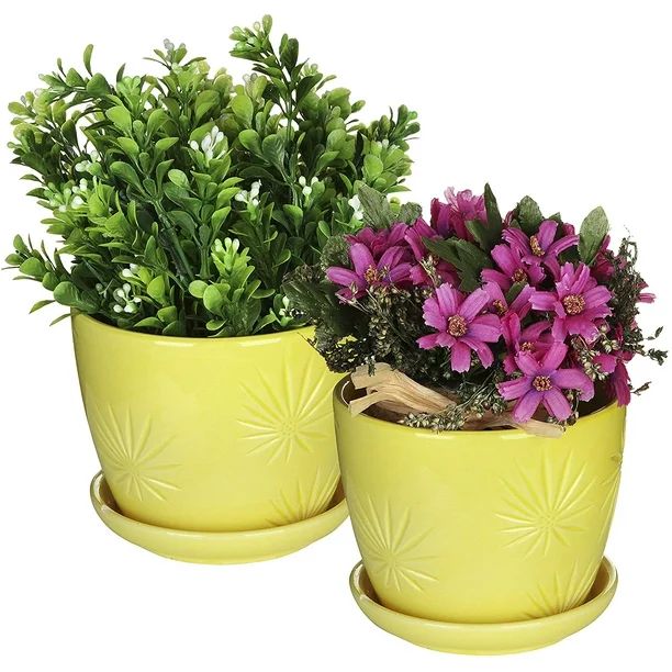 MyGift Set of 2 Yellow Sunburst Design Ceramic Flower Planter Pots with Saucers | Walmart (US)