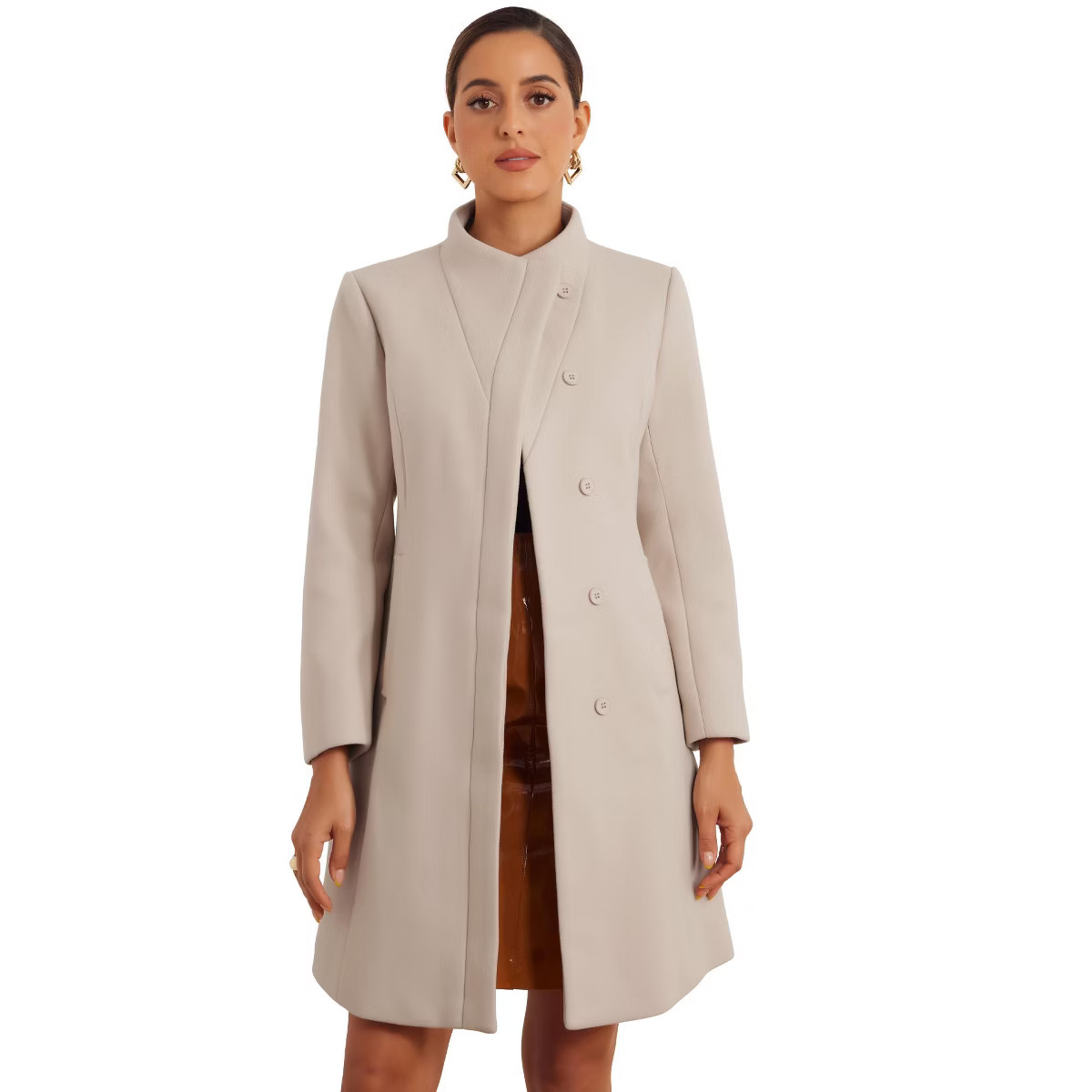 Allegra K Women's Stand Collar Long Sleeve Winter Outerwear Coat Small Beige | Target