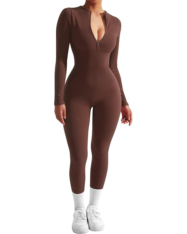 SUUKSESS Women Long Sleeve Ribbed Jumpsuit Zip up Front Workout Bodycon Romper | Amazon (US)
