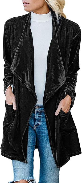 futurino Women's Solid Long Sleeve Velvet Jacket Open Front Cardigan Coat with Pockets Outerwear... | Amazon (US)