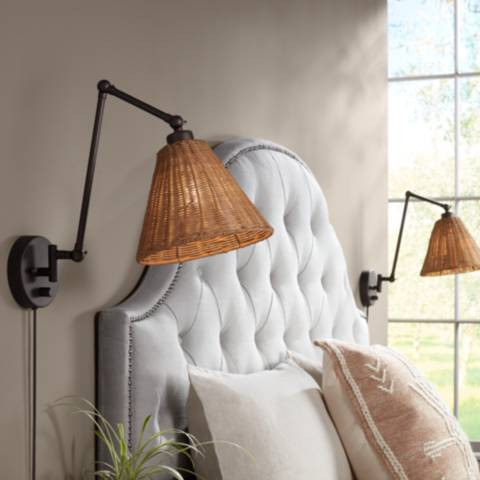 Barnes and Ivy Rowlett Bronze Rattan Shade Plug-In Wall Lamps Set of 2 | Lamps Plus