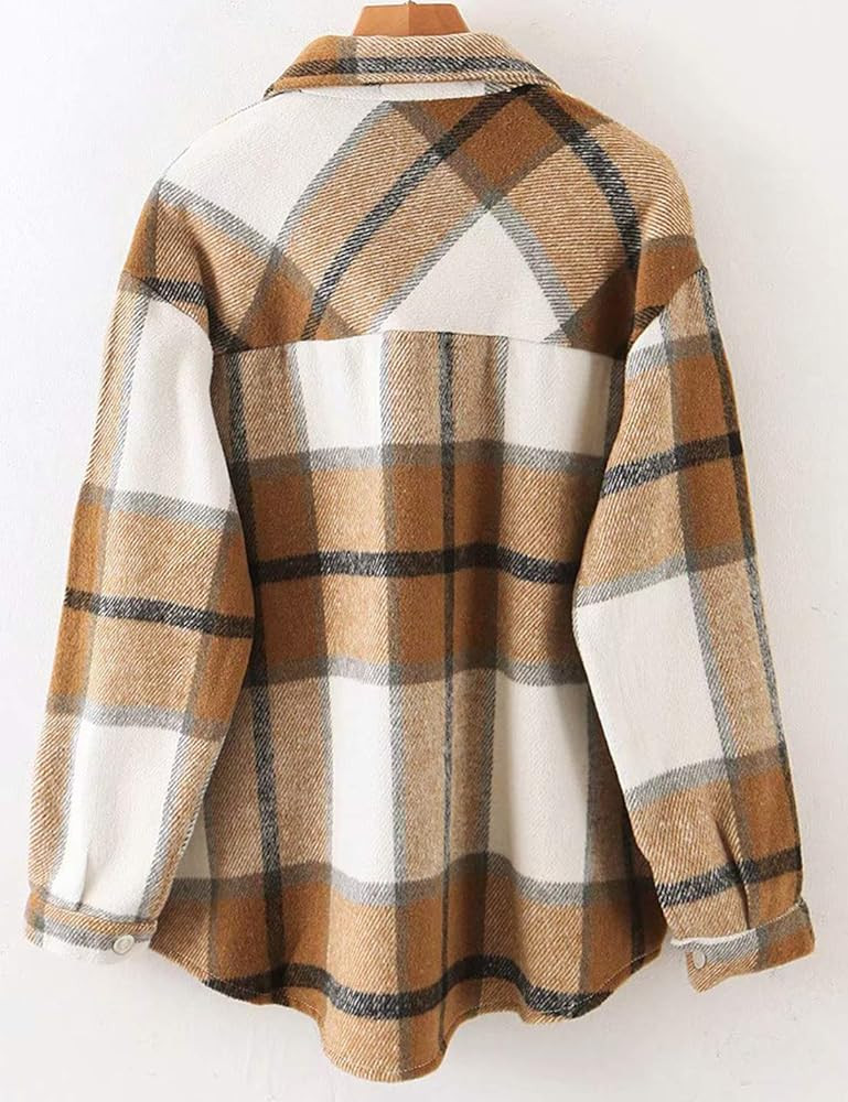 Tanming Womens Brushed Flannel Plaid Lapel Button Short Pocketed Shacket Shirts Coats | Amazon (US)