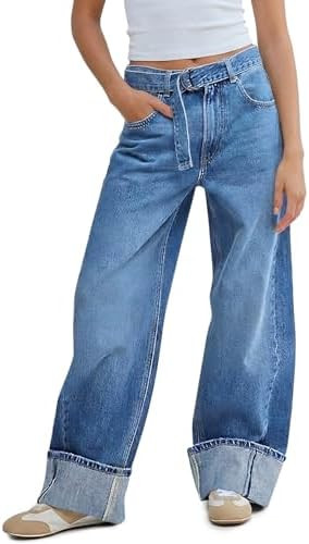 Tankaneo Womens Wide Leg Cuffed Jeans Trendy High Waisted Baggy Boyfriend Casual Denim Pants with... | Amazon (US)