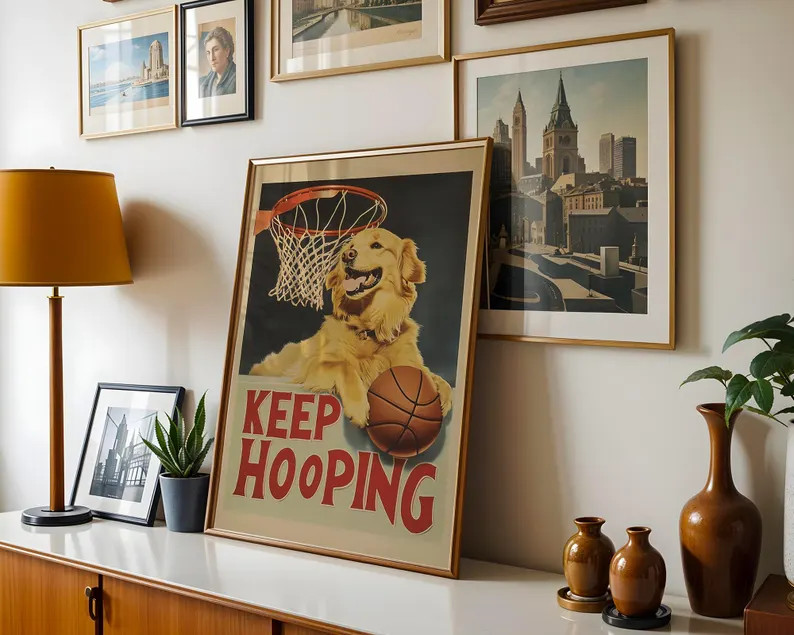 Funny Golden Retriever Art, Vintage Aesthetic Dog Basketball Art Print, Nursery Kids Room Basketb... | Etsy (US)
