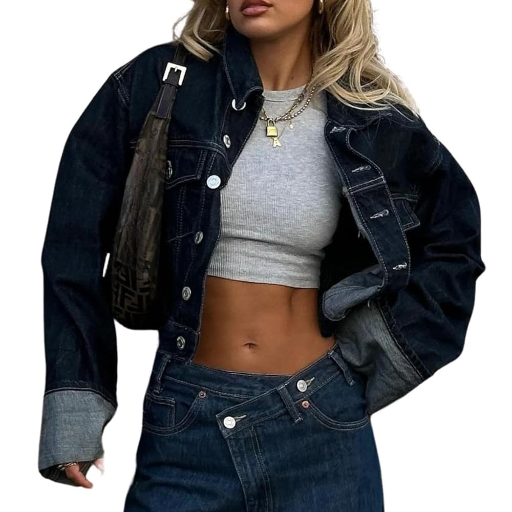 Women's Cropped Denim Jacket Button Up Long Sleeve Turn-Up Cuff Jean Jacket Women Coat | Amazon (US)