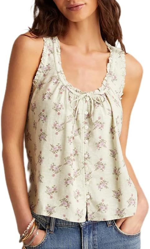 Women Floral Print Tank Top Cute Ruched Open Front Crop Shirt Sleeveless Pleated Ruffle Tank Top ... | Amazon (US)