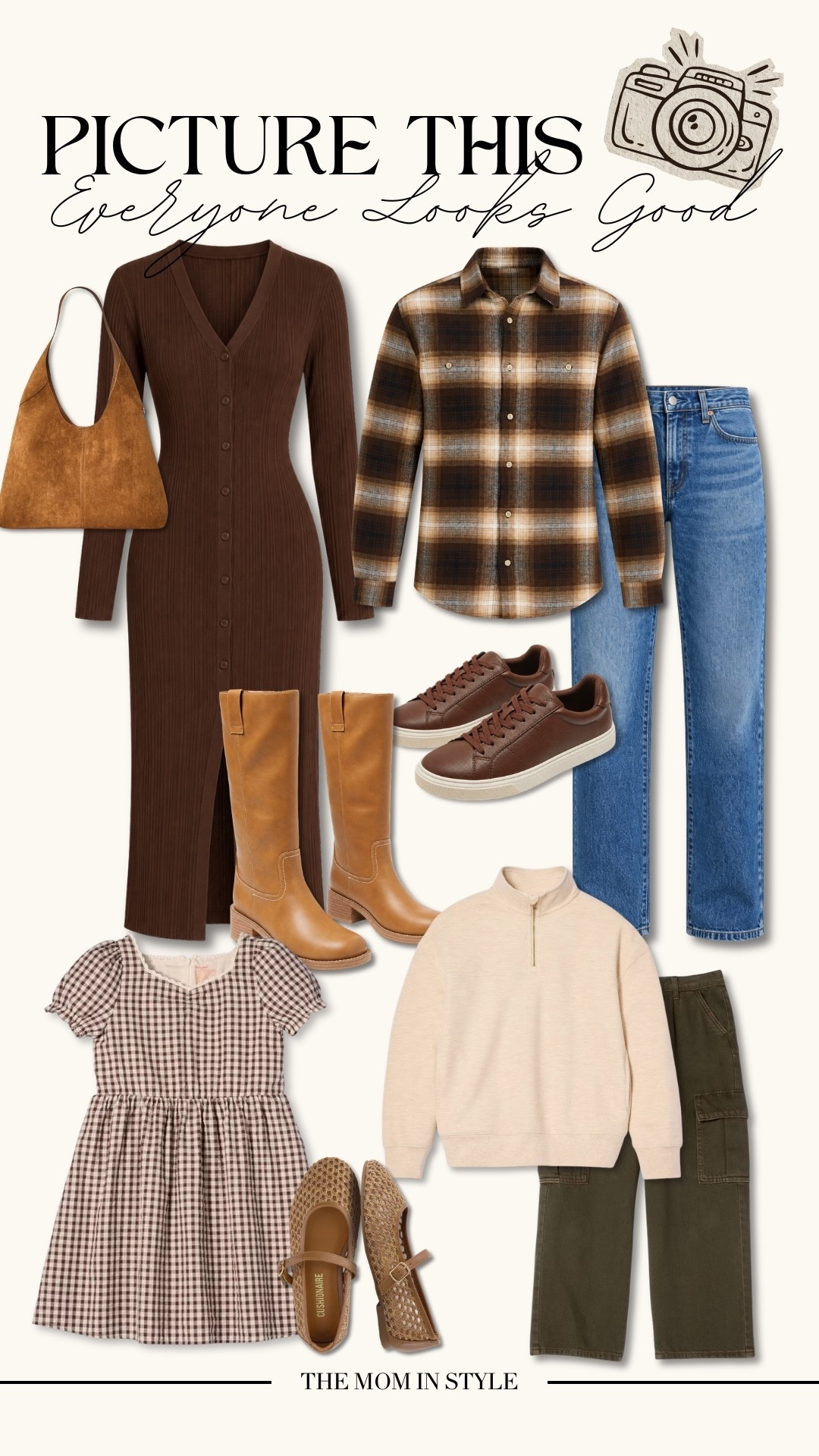 Planning family fall photos? These coordinating outfits are perfect for getting everyone dressed without being too matchy. Loving the chocolate brown sweater dress, plaid shirt, classic denim, and cozy neutral pieces for the whole family.
family photo outfits, fall family pictures, family outfit inspiration, coordinating family outfits, fall sweater dress, kids fall outfits, family photoshoot outfits, neutral fall outfits, fall fashion, themominstyle