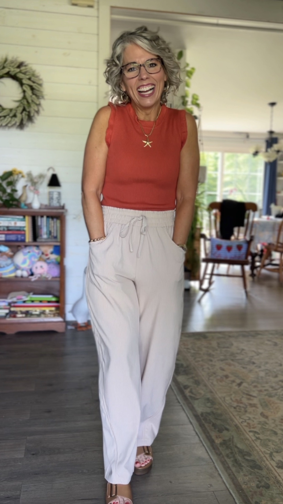 Okay this might be my favorite outfit yet, white and brown pinstripe barrel pants with pockets, an elastic drawstring waist, and the most flattering flowy leg, paired with a sleeveless knit sweater tank with the prettiest ruffle trim, wedge sandals, and a gold starfish necklace! This look works for work, office, teachers, moms, grandmas, casual days, dressed up days and comes in other colors, and I am wearing a small in everything!

#amazonfashion #amazonfinds #amazonstyle #founditonamazon #catofashion #catofinds #catostyle #summerstyle #summeroutfit #summerfashion #summerinspo #summervibes #summerlook #summerwear #springfashion #springoutfit #springstyle #casualoutfit #casualstyle #casualchic #effortlessstyle #effortlessfashion #ootd #ootdfashion #outfitoftheday #outfitinspo #outfitideas #realoutfitgram #todaysoutfit #affordablefashion #affordablestyle #budgetfashion #womensfashion #womensstyle #petitestyle #petitefashion #petiteoutfit #petitewomen #petitegirl #petites #momstyle #momfashion #momootd #momlife #teacherstyle #teacherfashion #grandmastyle #grandmafashion #over40style #over40fashion #over40andfabulous #fashionover40 #womenover40 #over50style #over50fashion #fashionover50 #agelessstyle #midlife #midlifestyle #midlifefashion #maturestyle #maturefashion #fashionblogger #fashionista #styleinspo #fashioninspo #instafashion #cuteoutfit #trending #fashion #style #ltkfinds #ltkseasonal #ltkunder50 #ltkpetite #ltkover40 #ltkover50 #ltkfashion #ltkstyle #ltksummer #ltkspring #liketoknowit #shopltk #barrelpants #pinstripepants #widelegpants #knitsweater #sleevelesssweater #ruffletrim #wedgesandals #starfishnecklace #goldjewelry #workoutfit #teacheroutfit #versatileoutfit

#LTKWorkwear #LTKootd #LTKOver40