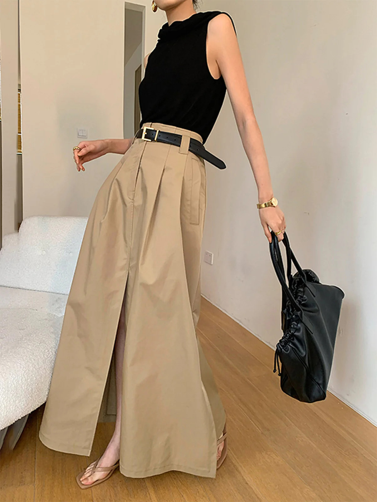Oversized Cotton Split Maxi Skirt Without Belt | Commense